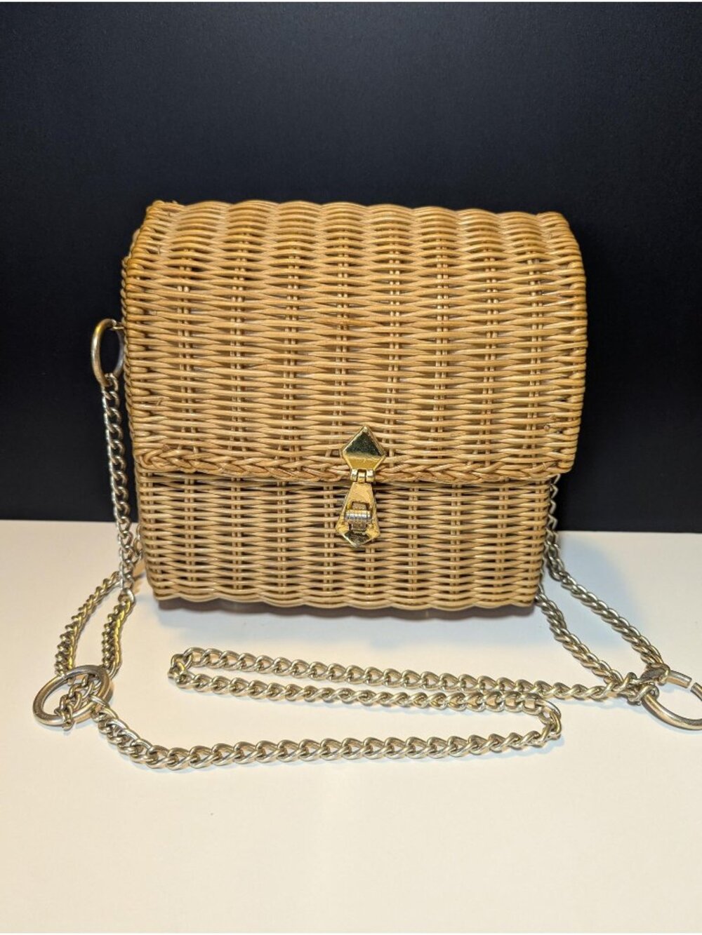 Mid Century "It's In The Bag" by Ritter Wicker Purse with Gold Tone Chain